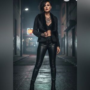 BEBE Black Faux Fur Trim Houndstooth Moto Jacket S